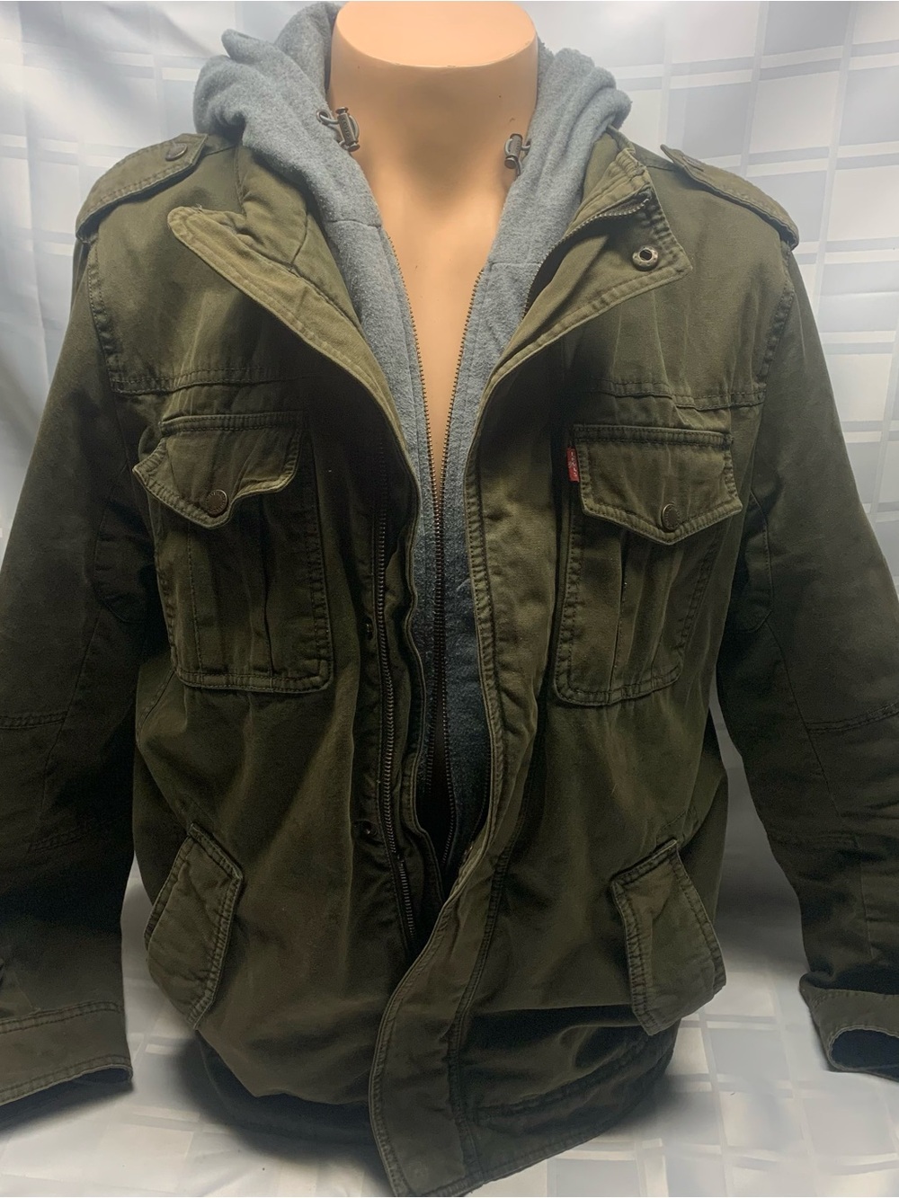 Levis Jacket Mens Medium Khaki Hooded Heavyweight Trucker Fleece Lined Field